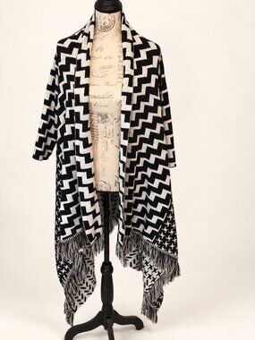 Code Black White Chevron Fringe Open-Front Cardigan Jacket Large
